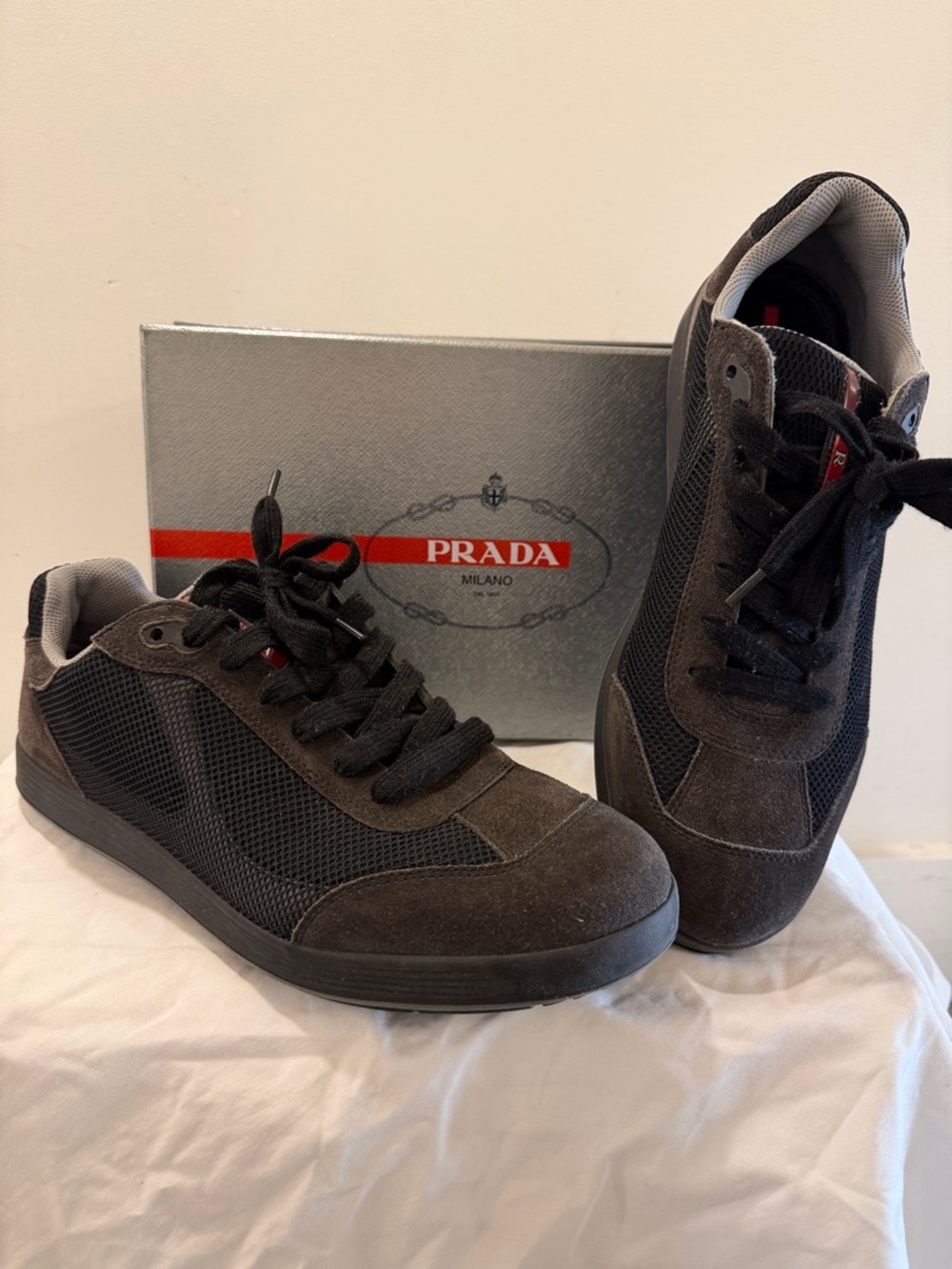 Prada Men's Dark Brown and Black Suede Mesh Sneakers
